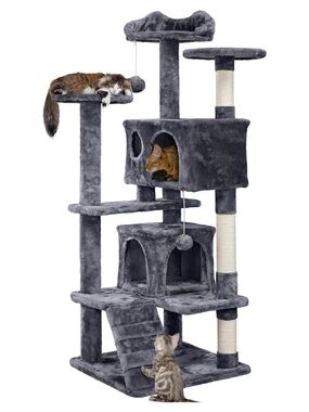 NIB- 54 inch Gray Multi-Level Cat Tree Tower with Condo and Platforms & Beds